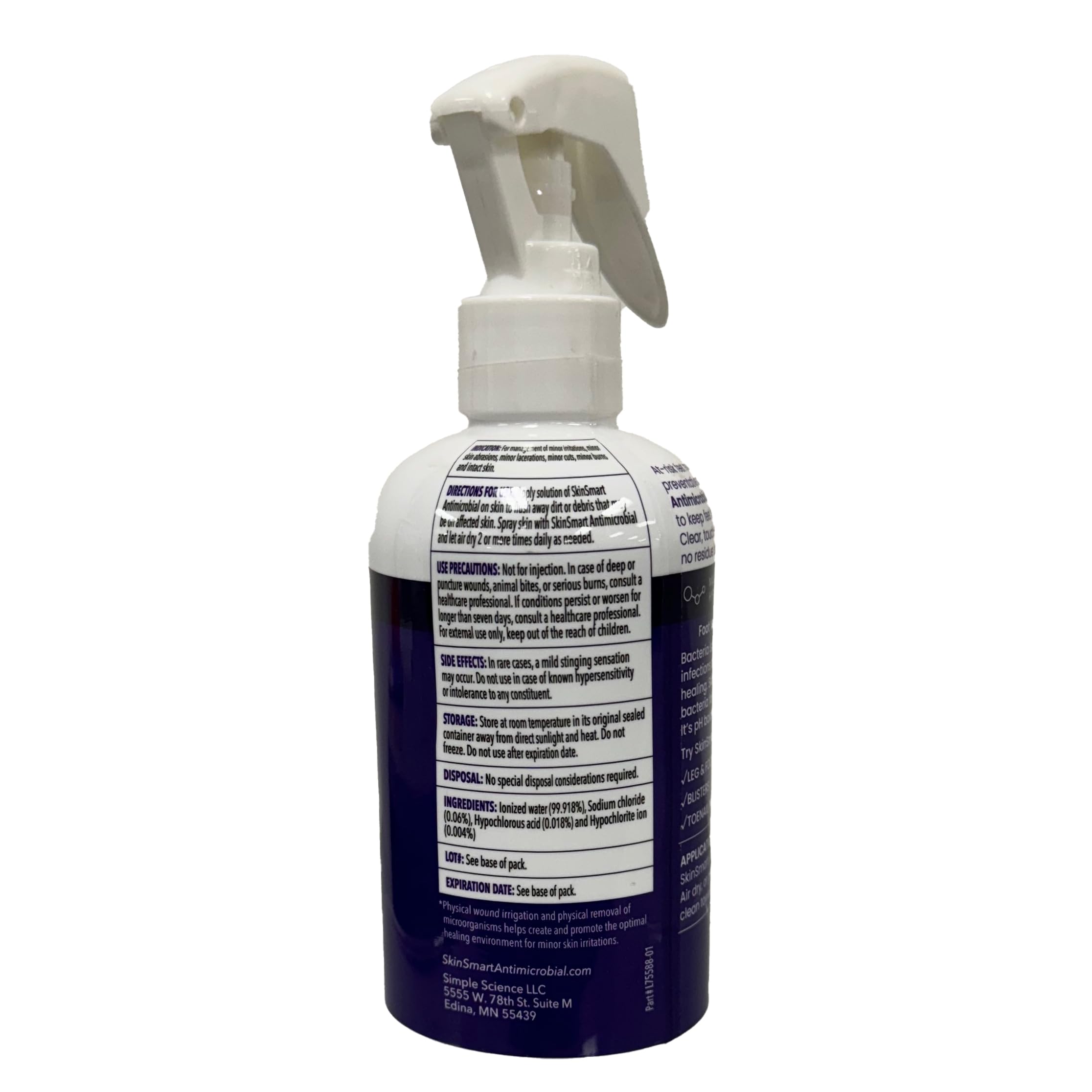 SkinSmart closeup bottle with emphasis on bacteria-removal benefits.