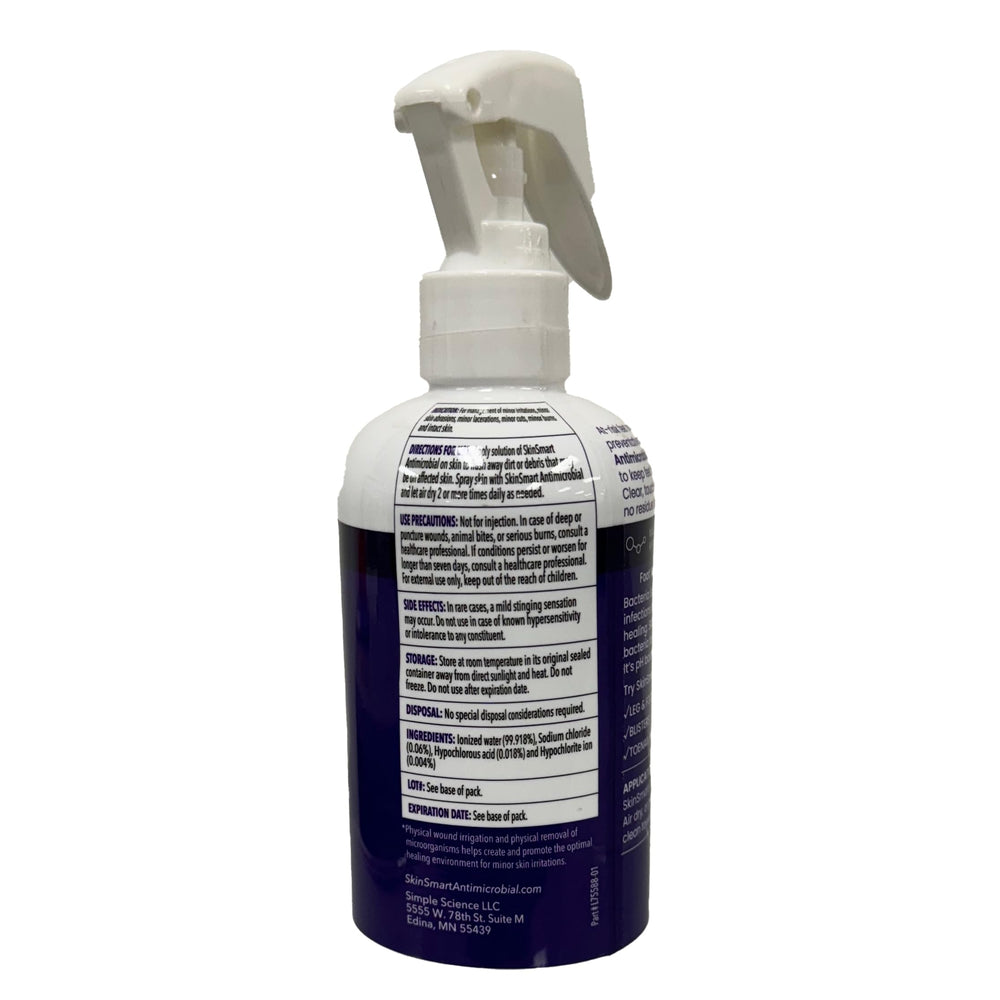 SkinSmart closeup bottle with emphasis on bacteria-removal benefits.