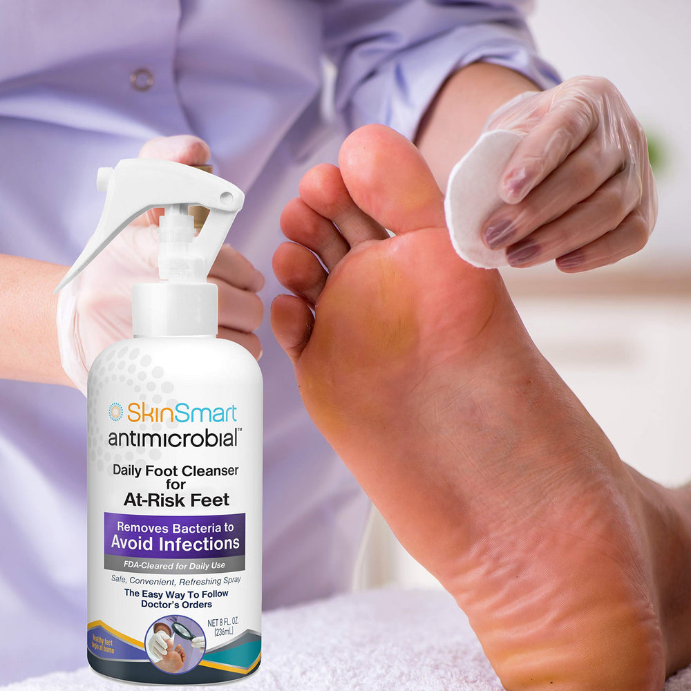 SkinSmart foot-care routine on countertop highlights convenient preventive care.