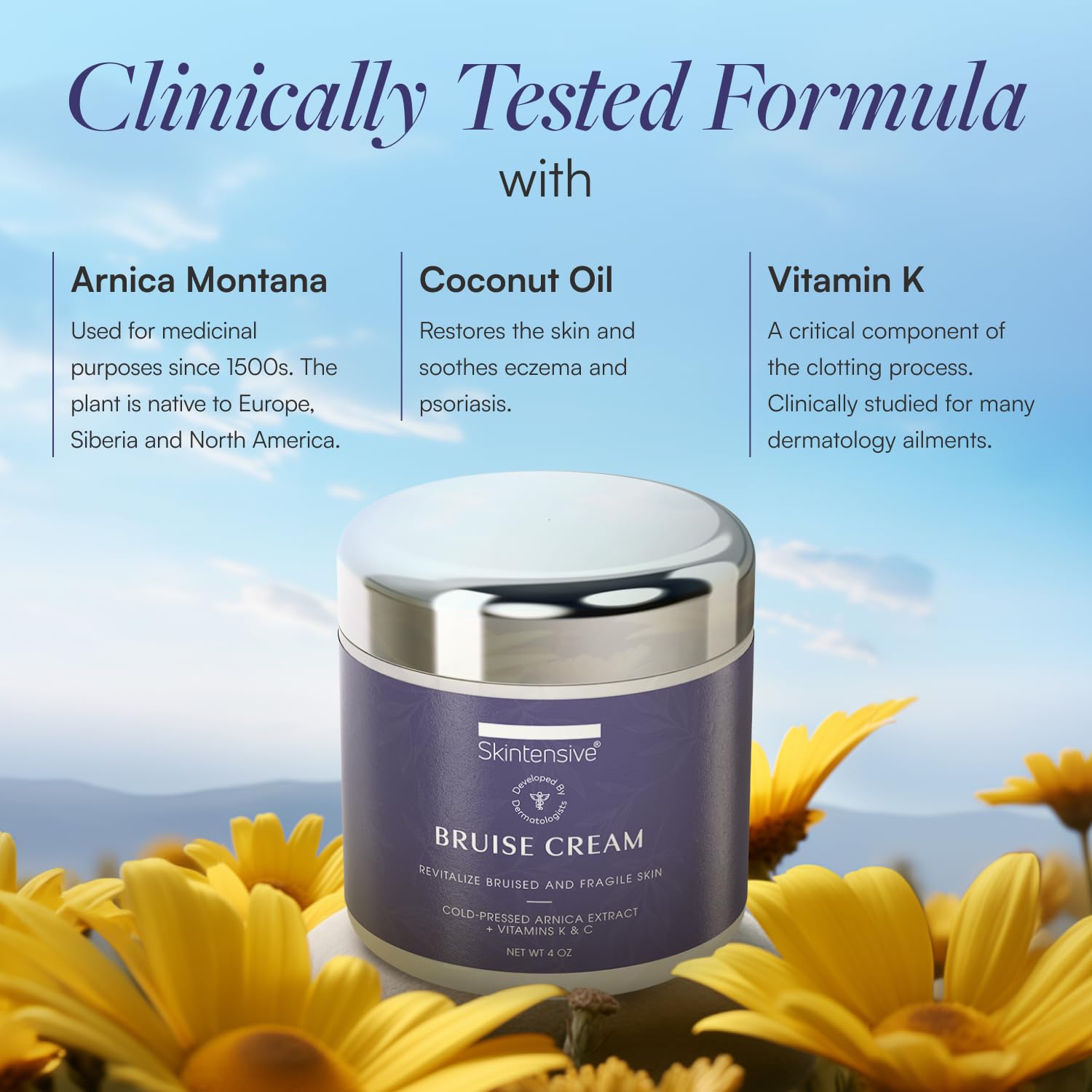 Skintensive Arnica Bruise Cream hand-application showcases easy rub-in for bruises and light skin repairs.