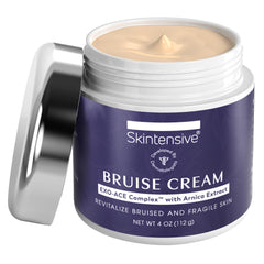 Skintensive Arnica Bruise Cream jar closeup highlighting compact packaging for on-the-go skin care.