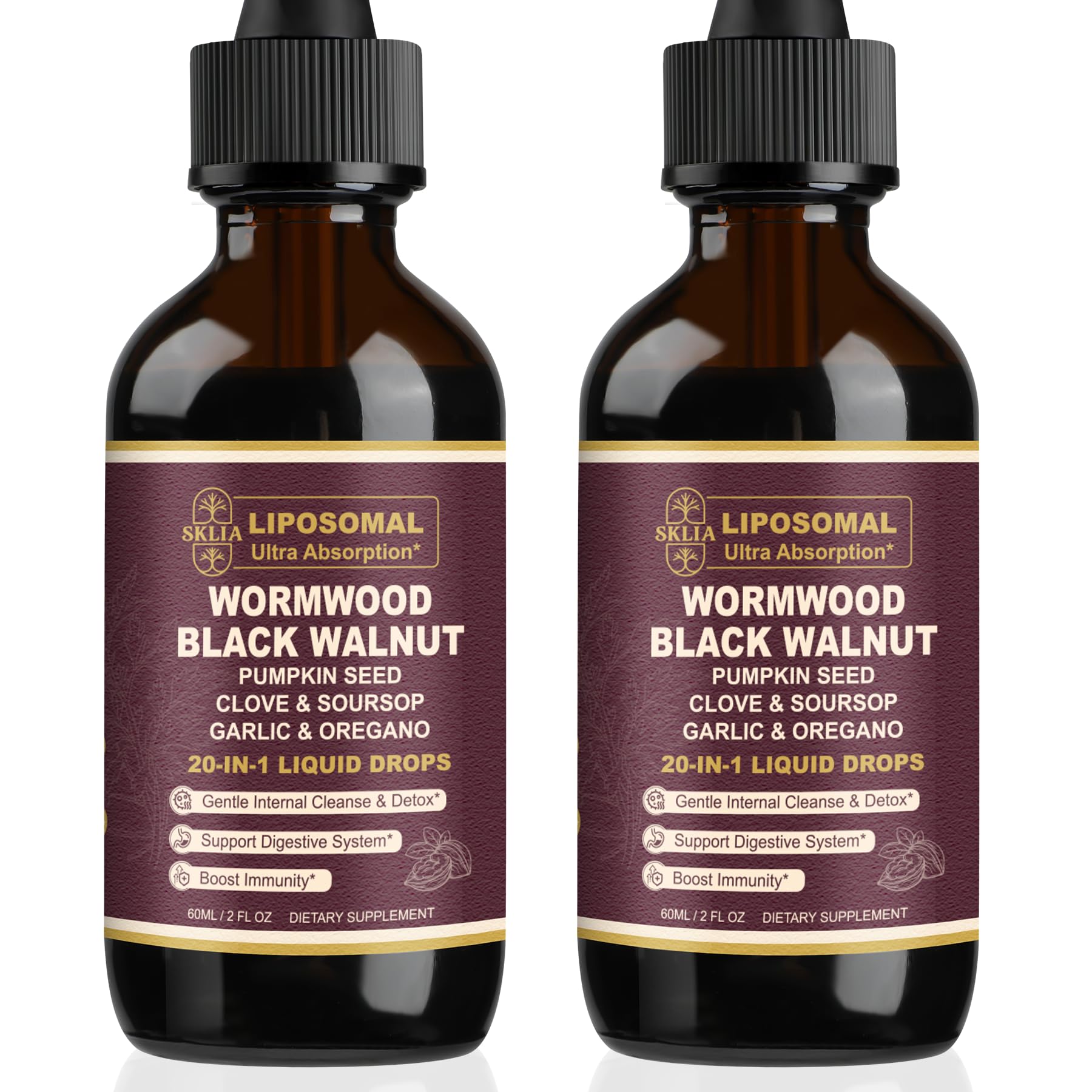 Front view of SKLIA 20-in-1 Liposomal Wormwood Cleanse Drops bottle