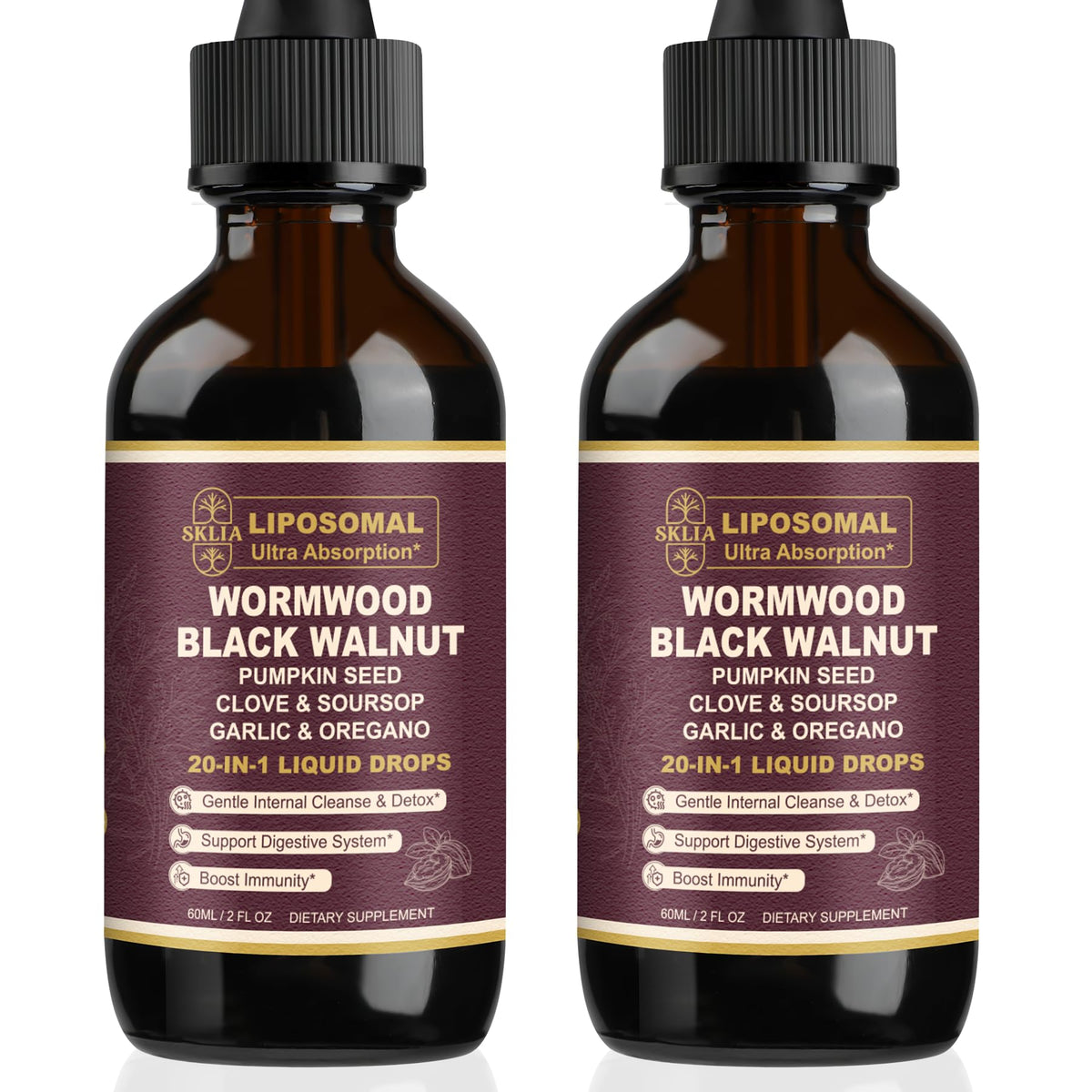 Front view of SKLIA 20-in-1 Liposomal Wormwood Cleanse Drops bottle