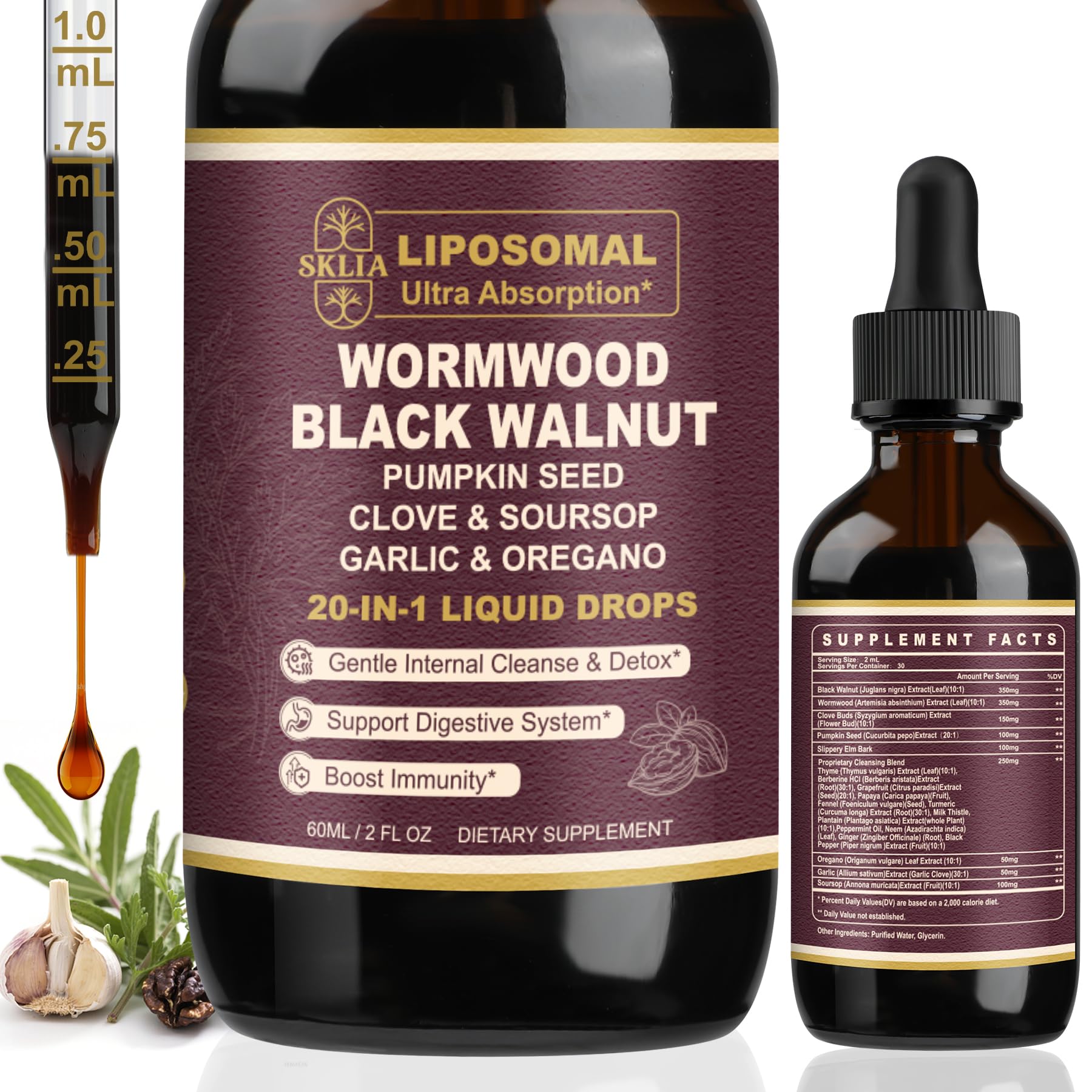 Front view of SKLIA 20-in-1 Liposomal Wormwood Cleanse Drops bottle