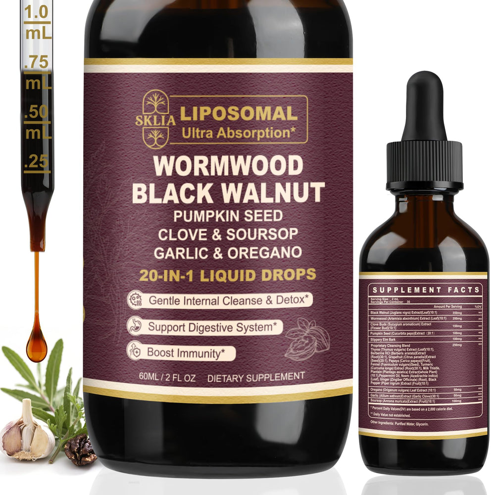 Front view of SKLIA 20-in-1 Liposomal Wormwood Cleanse Drops bottle