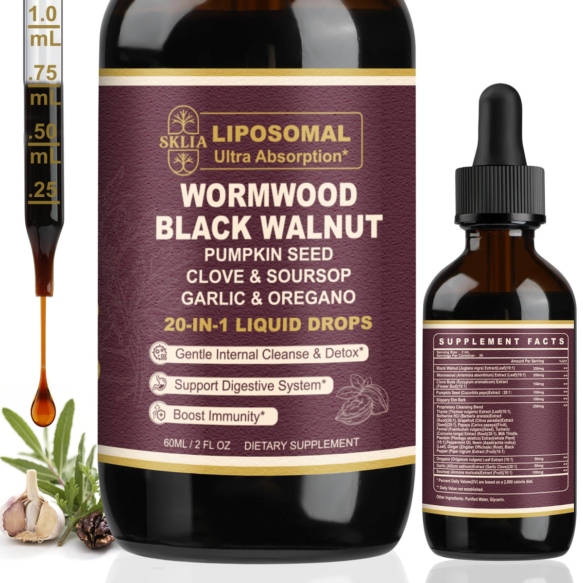 Front view of SKLIA 20-in-1 Liposomal Wormwood Cleanse Drops bottle