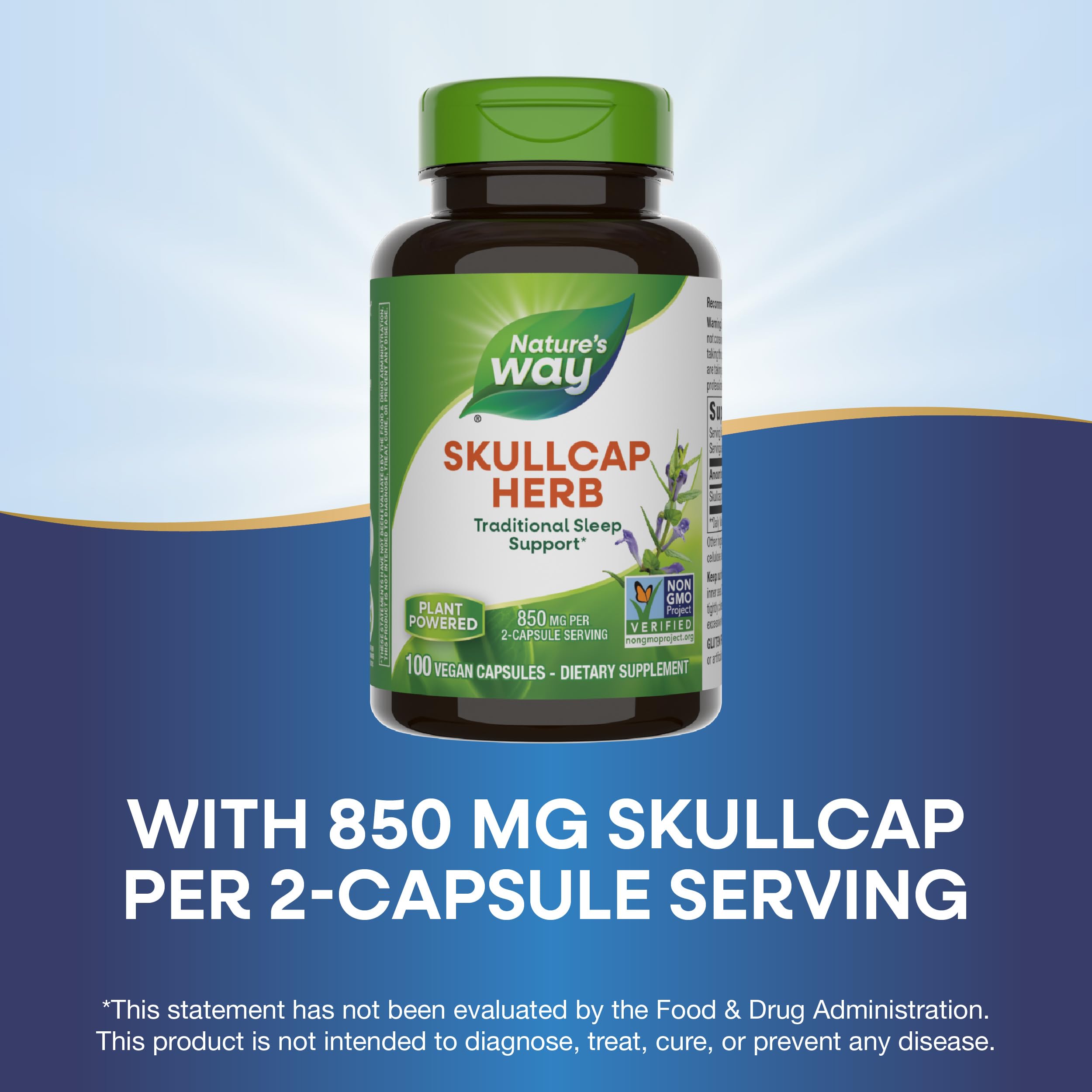 Gluten-free and vegan Skullcap capsules in bottle
