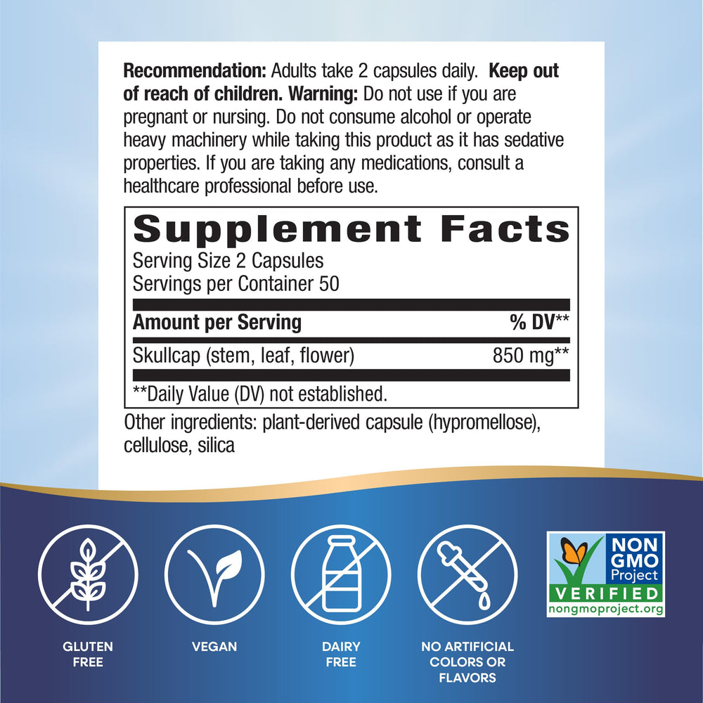 Nutrition facts and ingredients for Skullcap sleep support