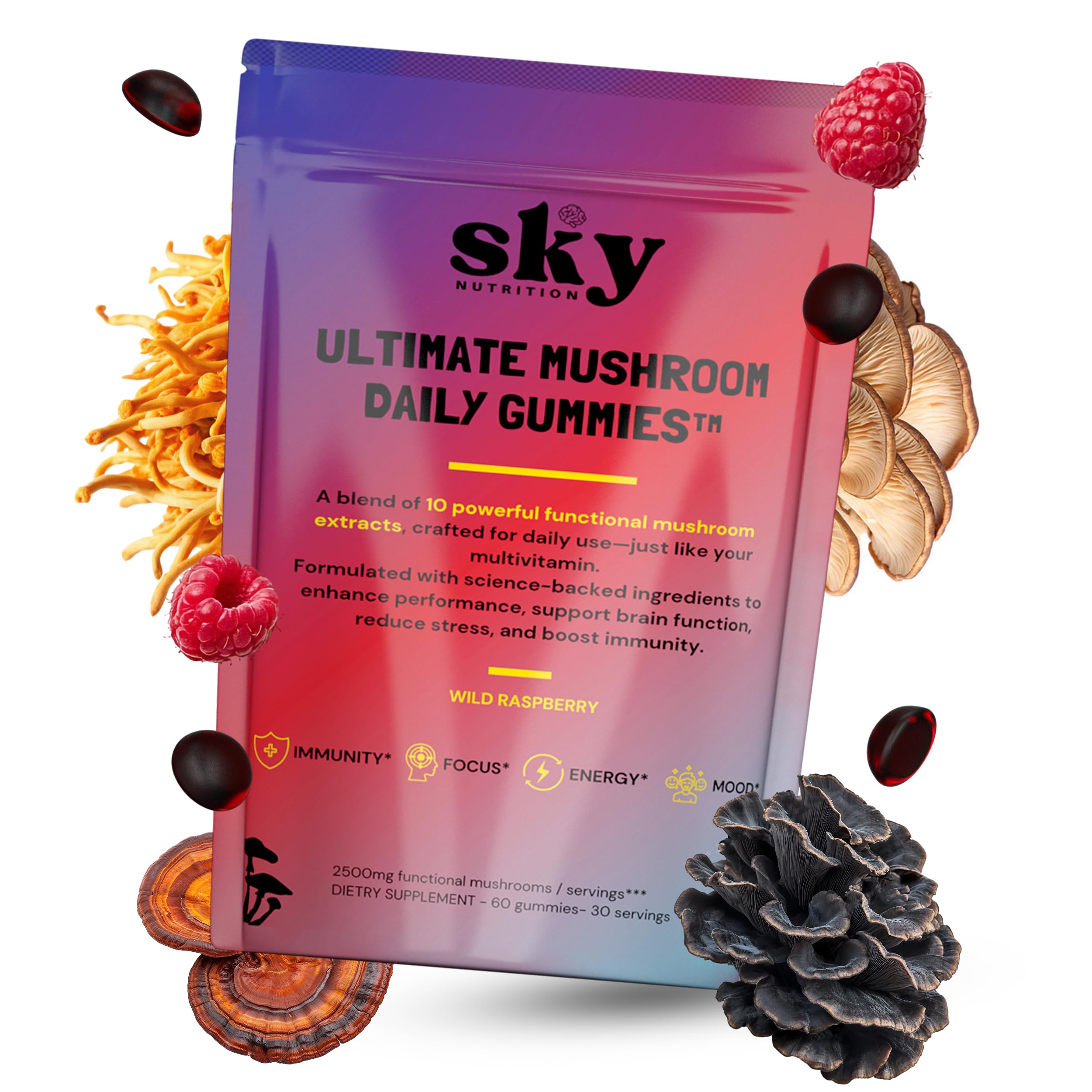 60-count bottle of Sky Nutrition Mushroom Gummies