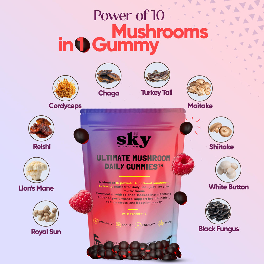 Mushroom blend includes Lion's Mane and others illustration