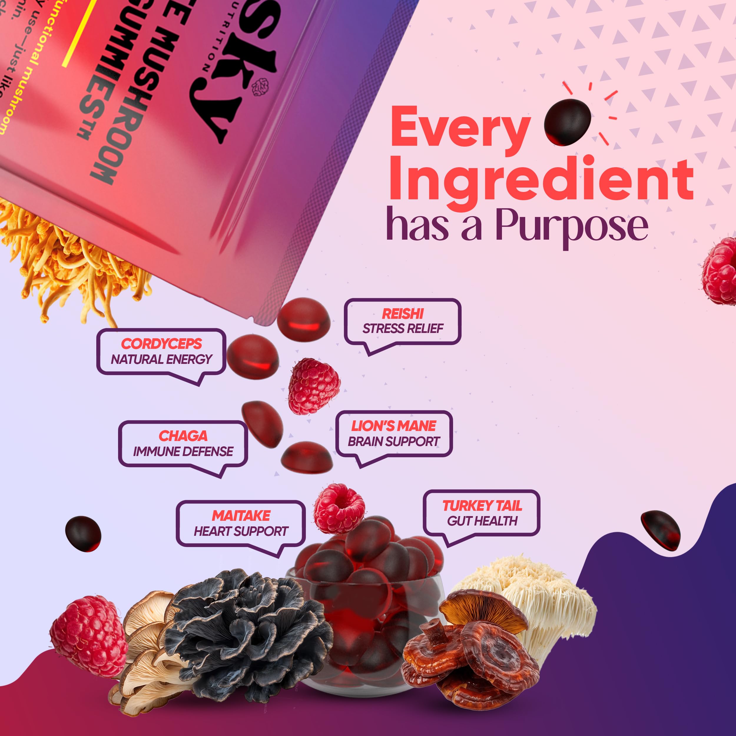 Sky Nutrition Mushroom Gummies Shiitake closeup with savory flavor profile