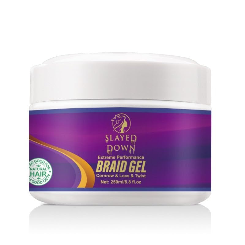 SLAYED DOWN extreme hold braid gel bottle showing long-lasting control for braids