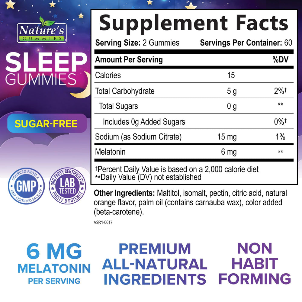 Back label with supplement facts for Sleep Gummies 6mg Orange