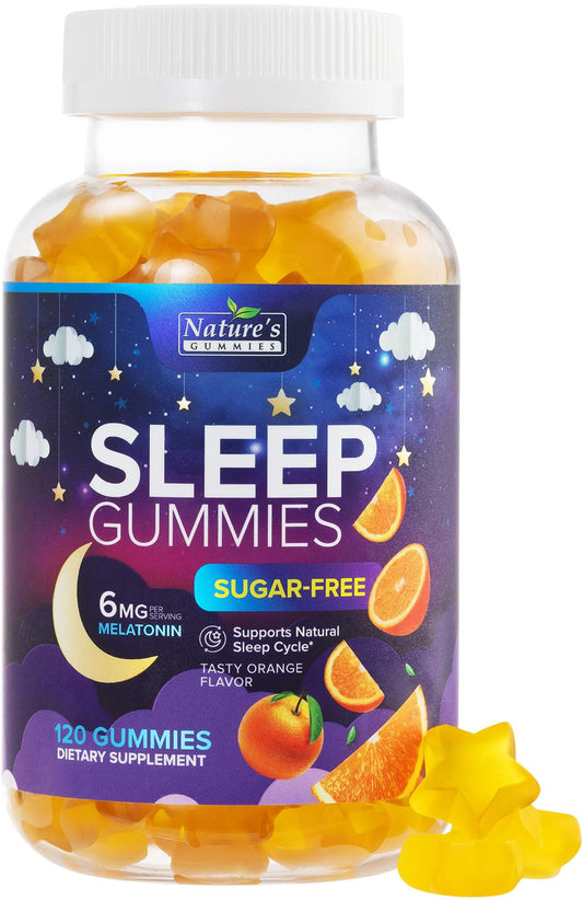 Front view of Sleep Gummies 6mg Orange 120-count bottle