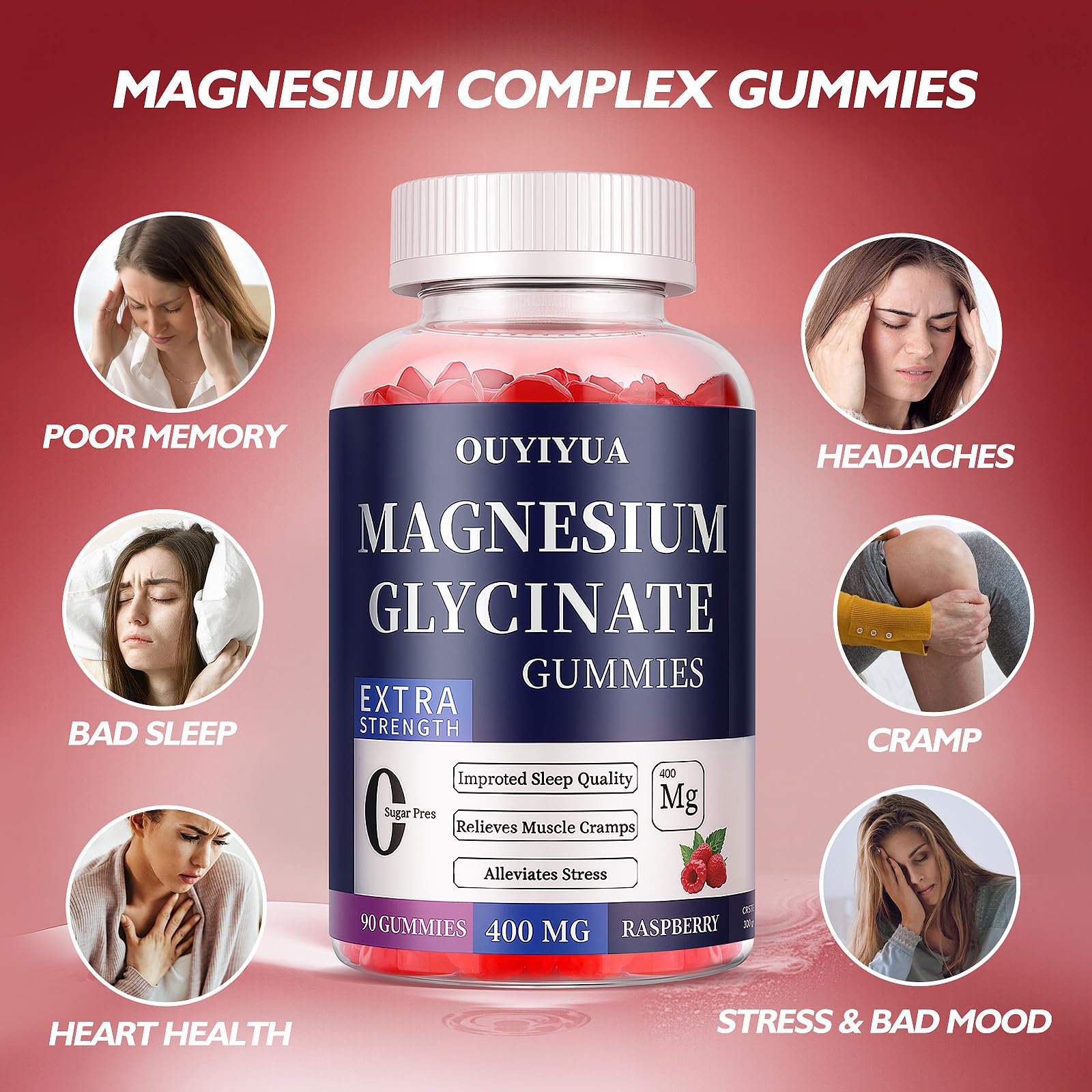 Sleep support, stress relief, and muscle relief benefits graphic