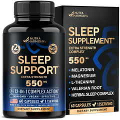 Bottle of sleep support capsules for adults with 550 mg strength