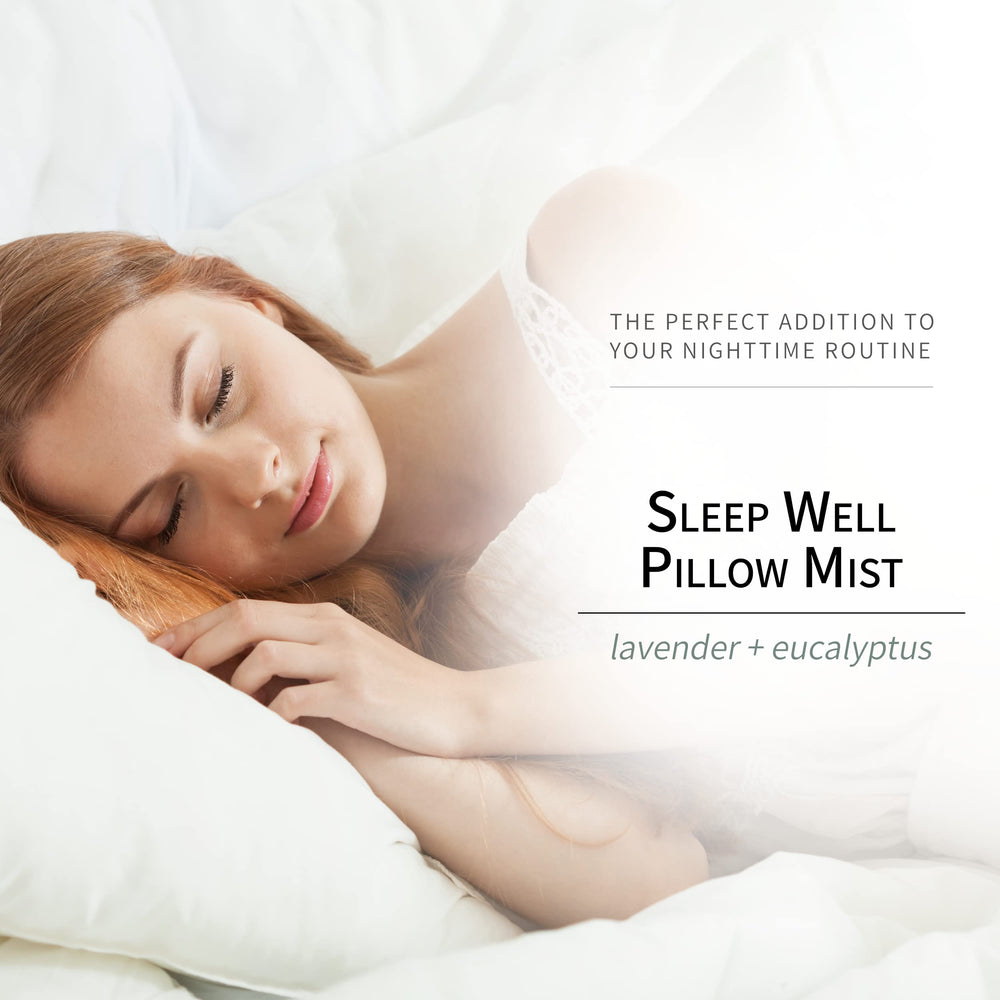 Close-up of Sleep Well Pillow Mist label with eucalyptus and lavender imagery