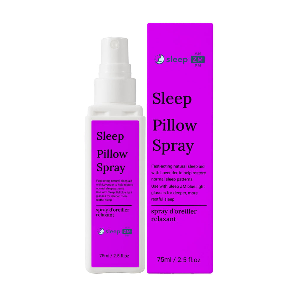 Sleep ZM Lavender Pillow Sleep Spray bottle shown on a bedside table for nightly relaxation.