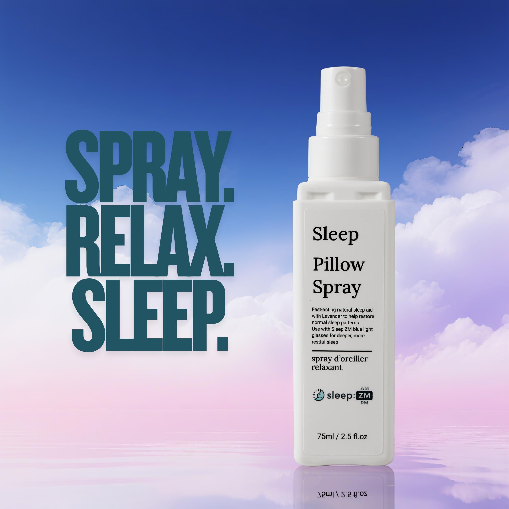 Sleep ZM Lavender Pillow Sleep Spray mist being spritzed before bed for calming aromatherapy.