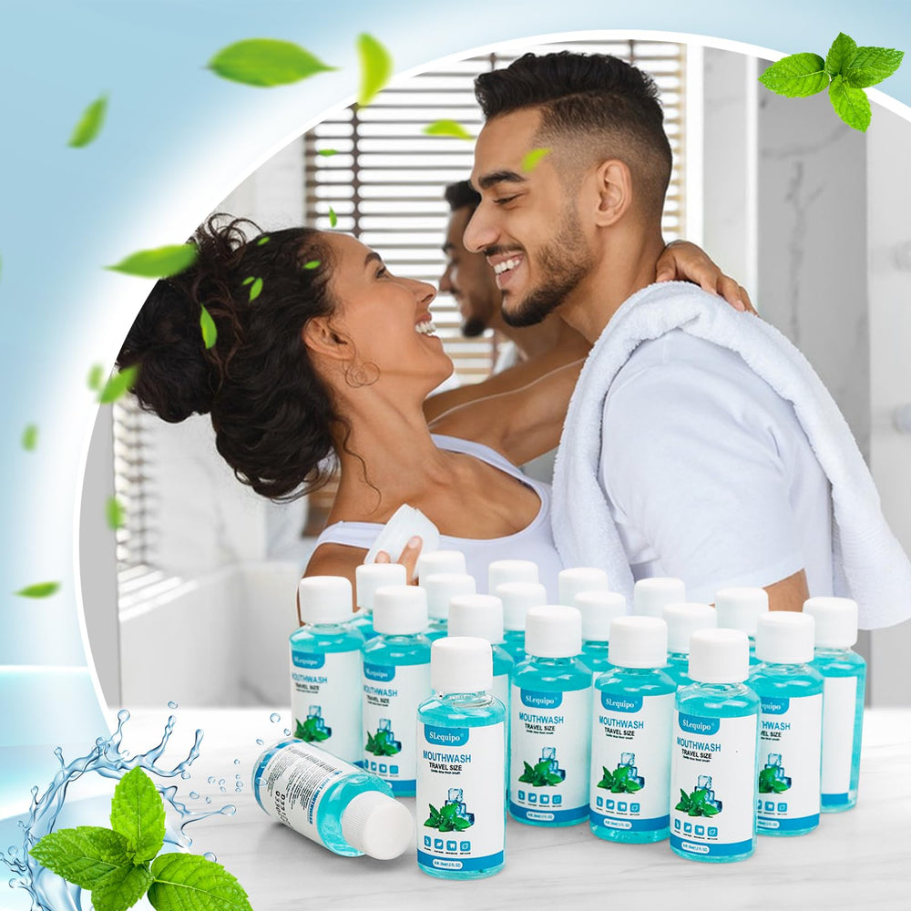 Close-up of mint mouthwash bottle blue 1.2oz