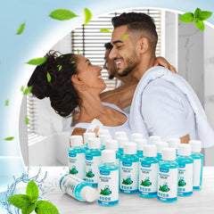 Close-up of mint mouthwash bottle blue 1.2oz