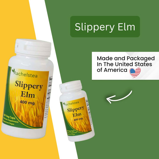 Close-up of Slippery Elm 400 mg capsules
