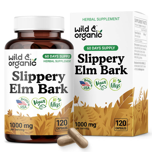 Main image: Wild & Organic Slippery Elm Bark Capsules 1000 mg bottle, 120-count