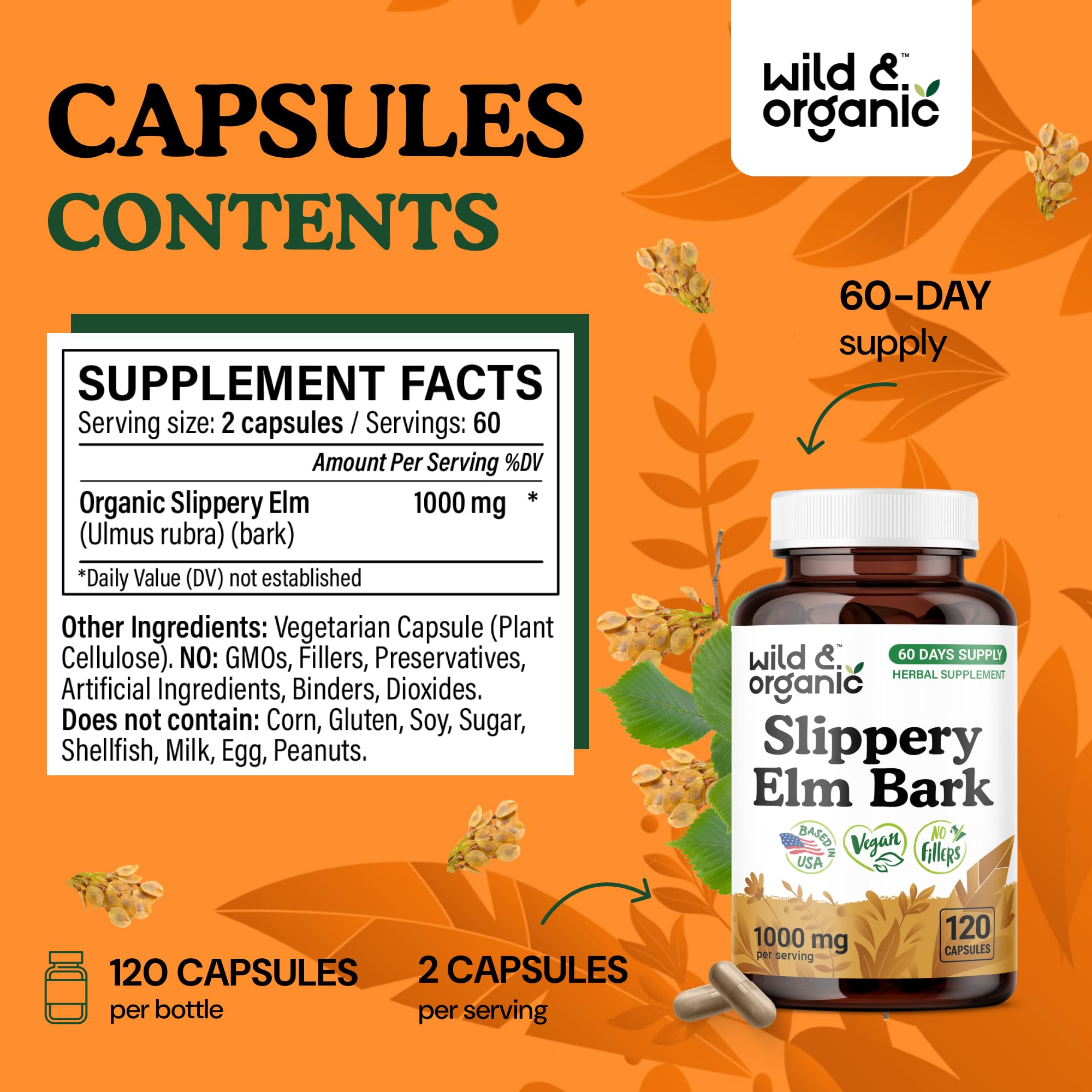 Packaging of Wild & Organic slippery elm bark capsules, 120-count bottle