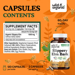 Packaging of Wild & Organic slippery elm bark capsules, 120-count bottle