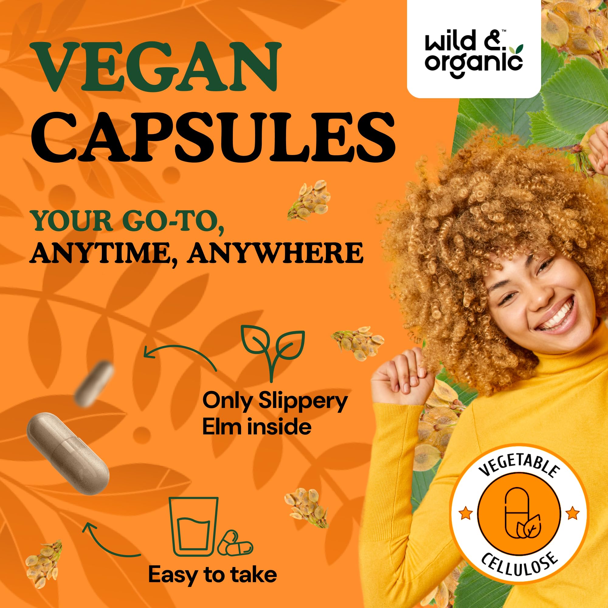 Capsules highlighting digestive support from slippery elm bark