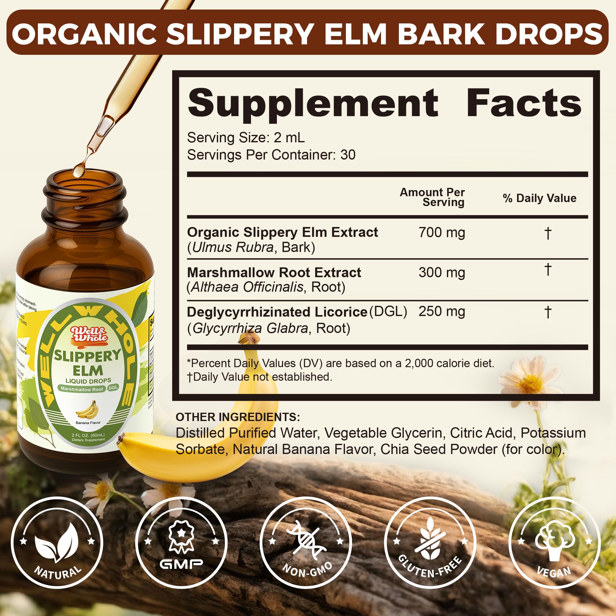 Close-up of Slippery Elm Liquid Drops bottle with label