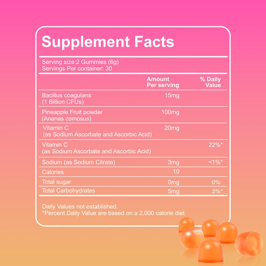 Close up of bottle showing pineapple flavor in Slippery Kitty Gummies