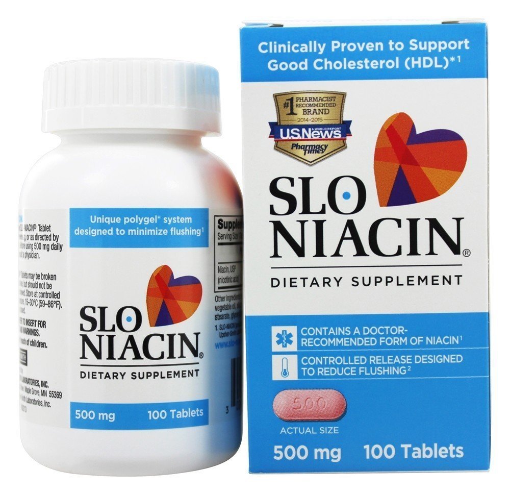 Slo-Niacin 500 mg bottle with 100 capsules, slow-release formulation
