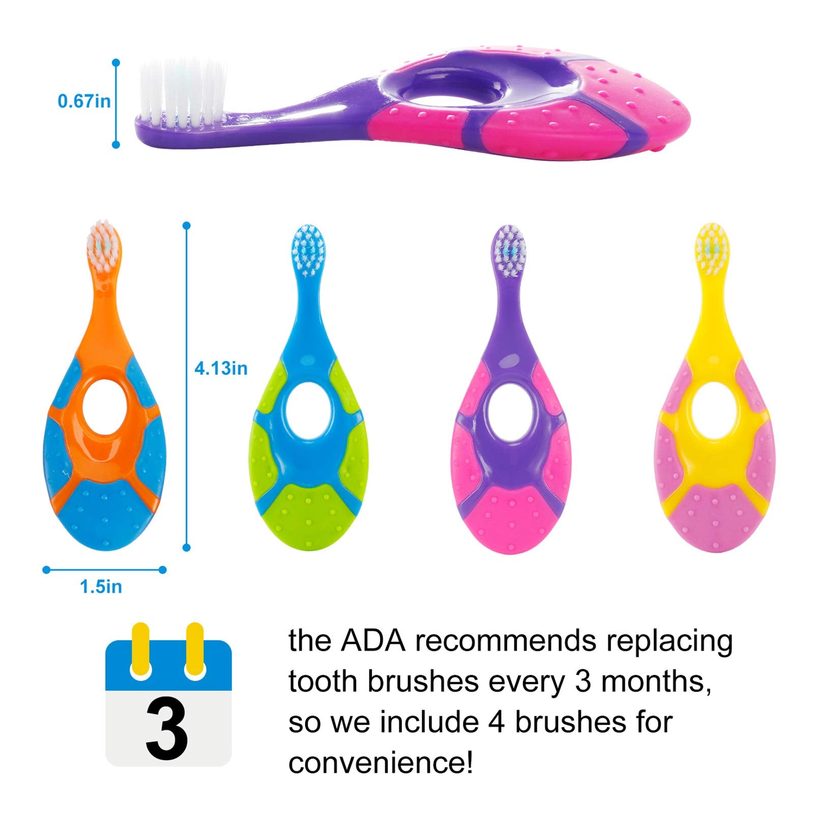 Four individually wrapped Slotic baby toothbrushes in vibrant colors