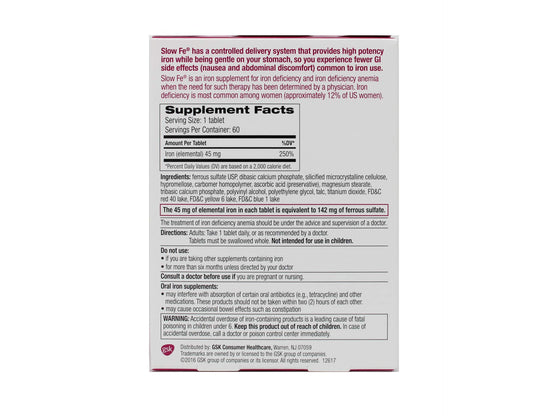 Close-up of Slow Fe 45 mg slow-release iron tablet
