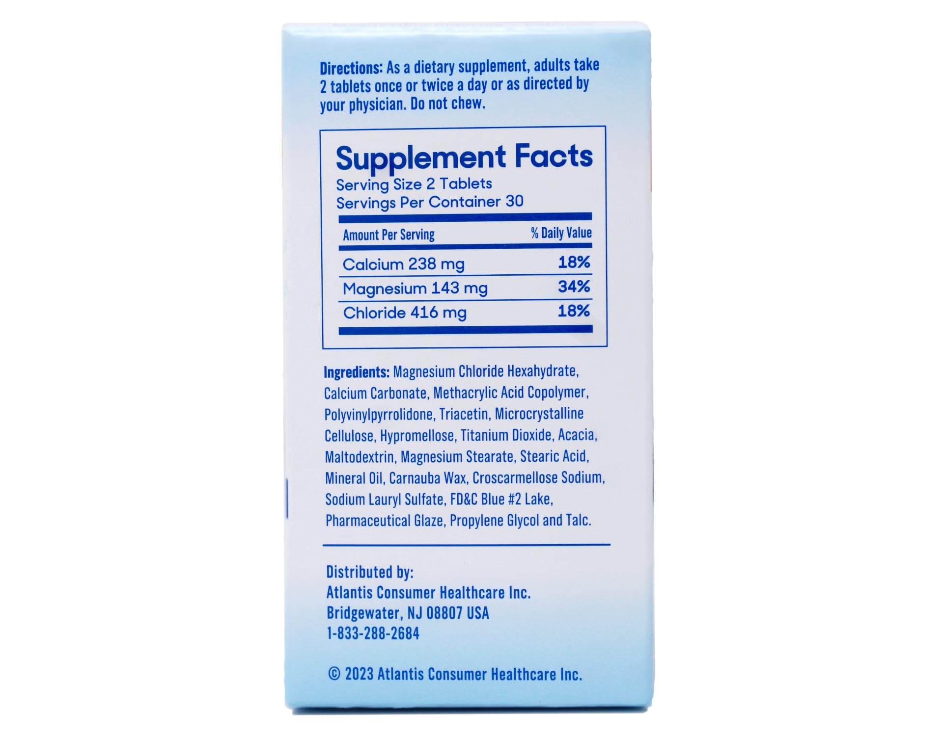 Label close-up displaying magnesium chloride and calcium ingredients.
