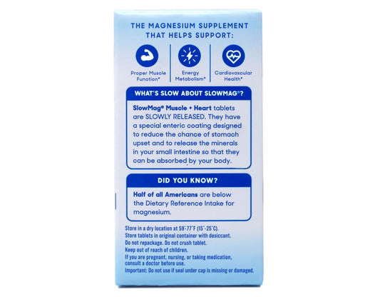 Back label showing supplement facts and ingredients for Slow-Mag Magnesium Chloride and Calcium.