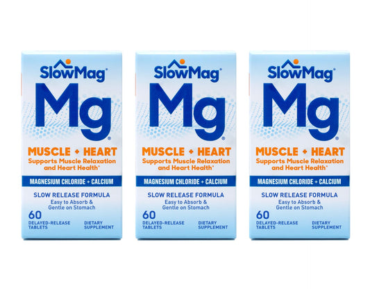 Front view of Slow-Mag Magnesium Chloride and Calcium 60-tablet value pack (3-pack).