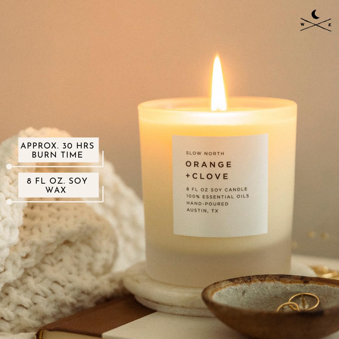 Close-up of Slow North Orange + Clove Candle wick and wax in jar