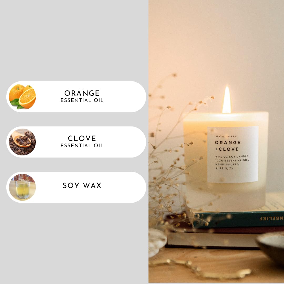 Side view of Slow North Orange + Clove Candle in frosted jar