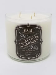 S&M Candle Factory eucalyptus spearmint 3-wick closeup highlights premium soy burn.