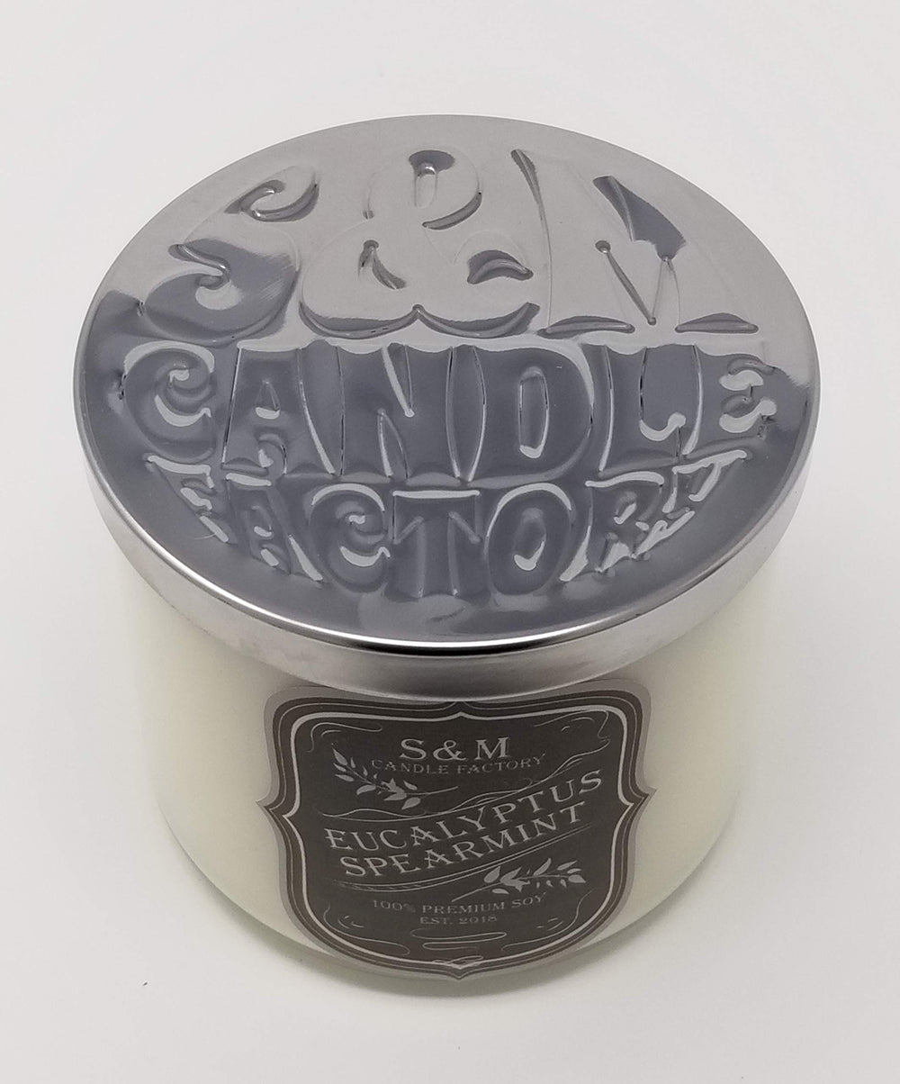 S&M Candle Factory eucalyptus spearmint 3-wick fragrance-diffusion for relaxing spaces.