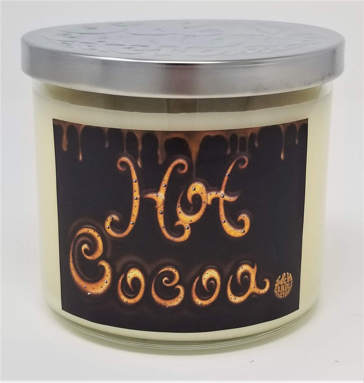S&M Candle Factory Hot Cocoa and Cream 3-wick candle in 14.5oz jar delivers warm, cozy scent.