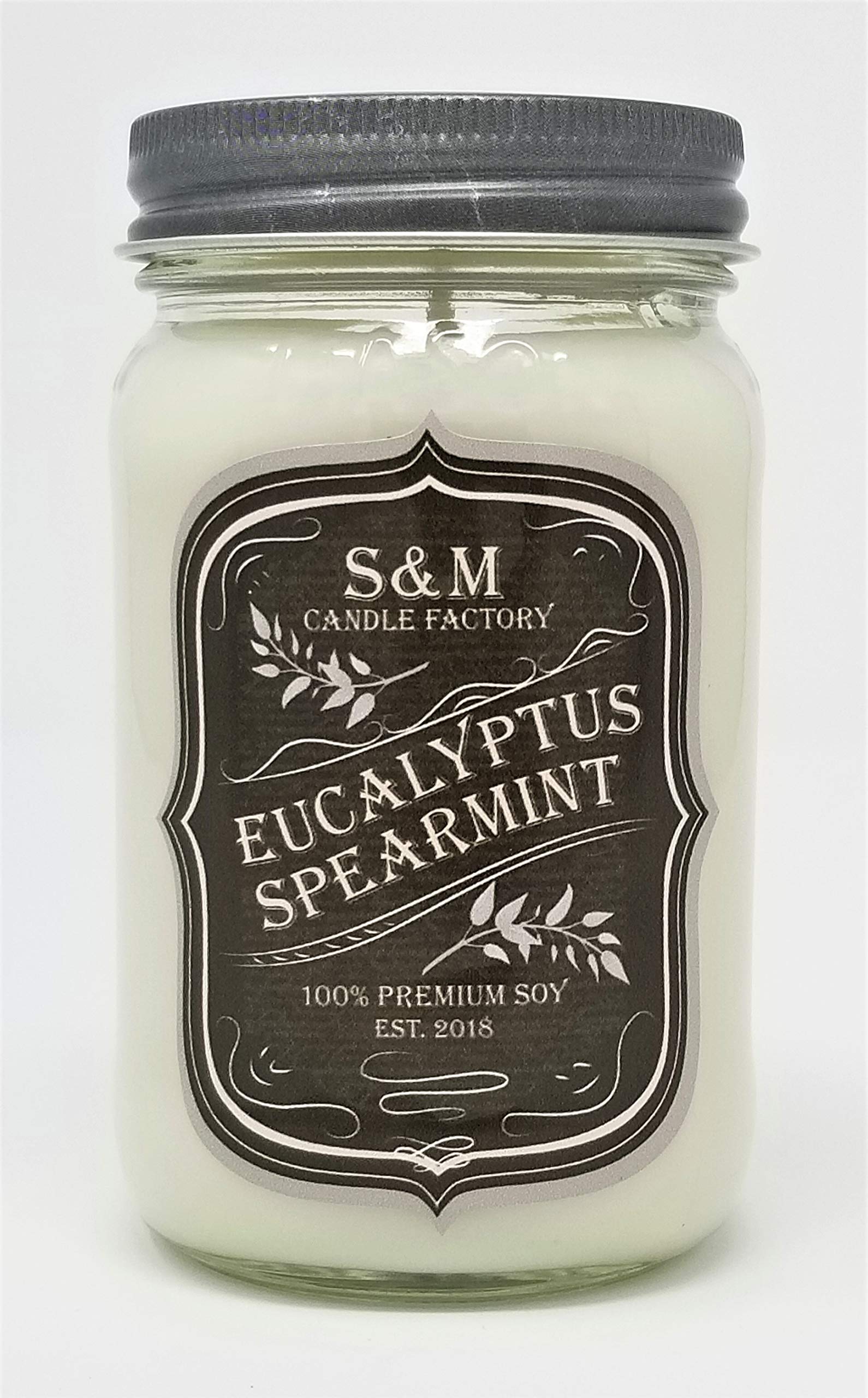 S&M Candle Factory stress-free eucalyptus spearmint 16oz jar for calming ambience.