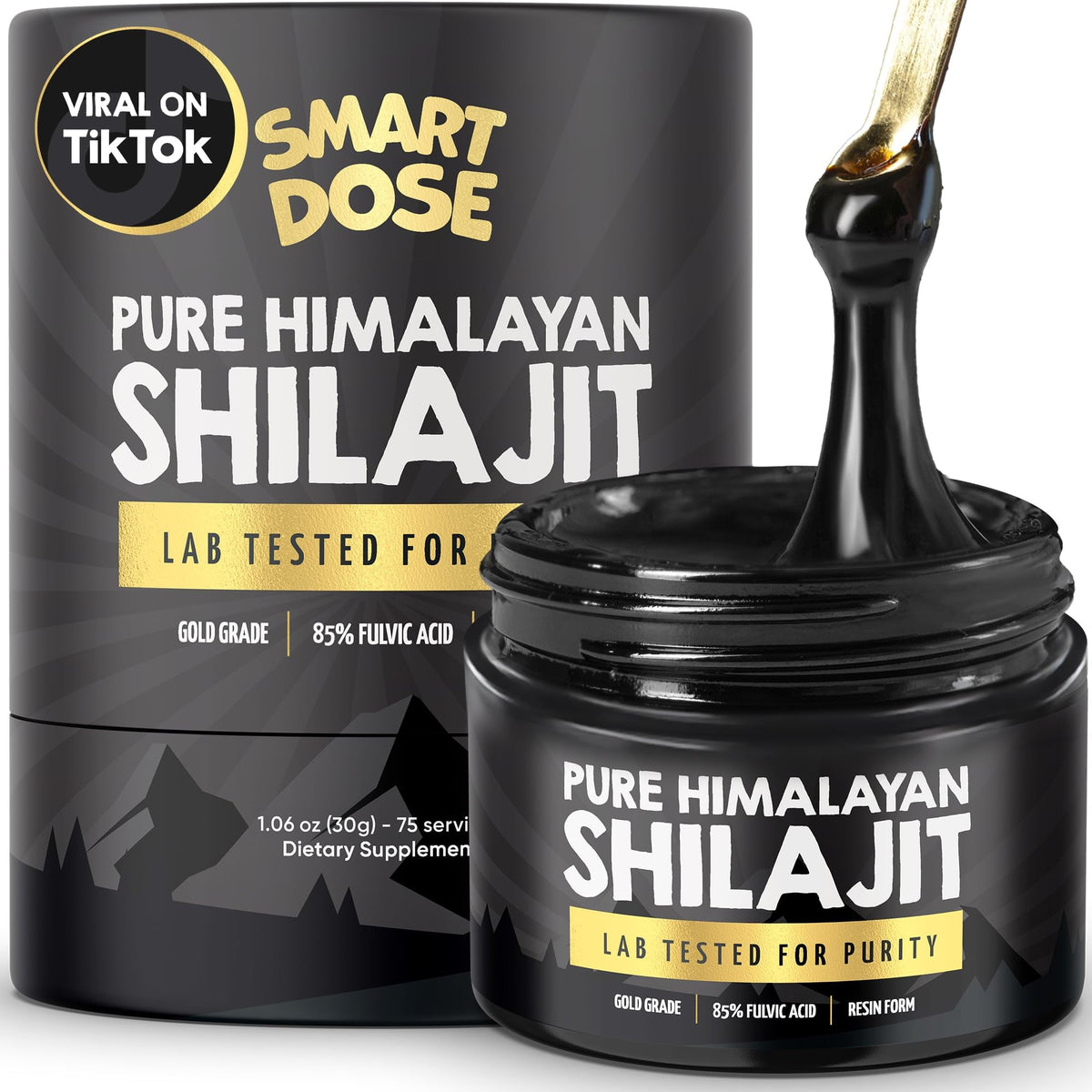 Smart Dose Himalayan Shilajit resin jar showing 85% fulvic acid in a medium jar