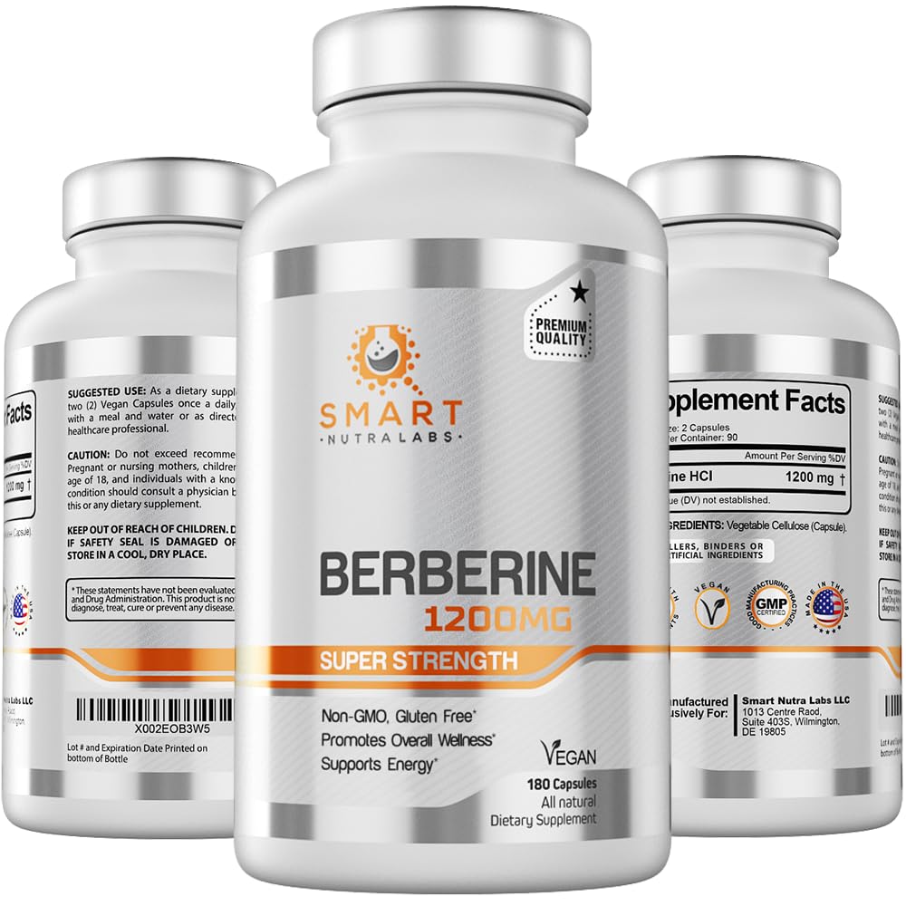 Smart Nutra Labs Berberine HCL 1200mg bottle with 180 vegan capsules