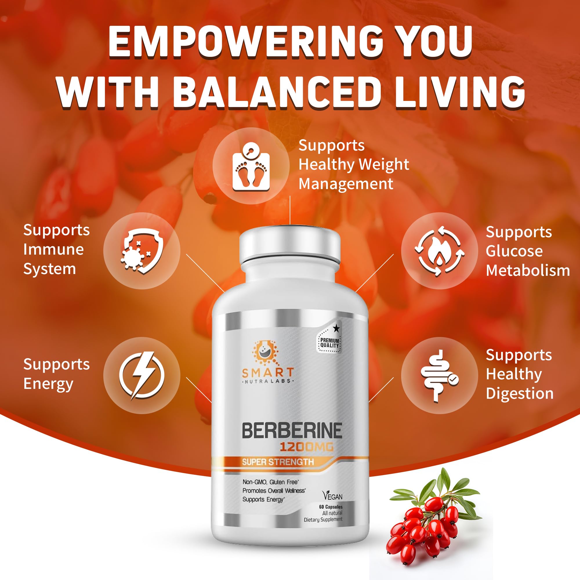 Label showing Smart Nutra Labs Berberine HCL 1200mg
