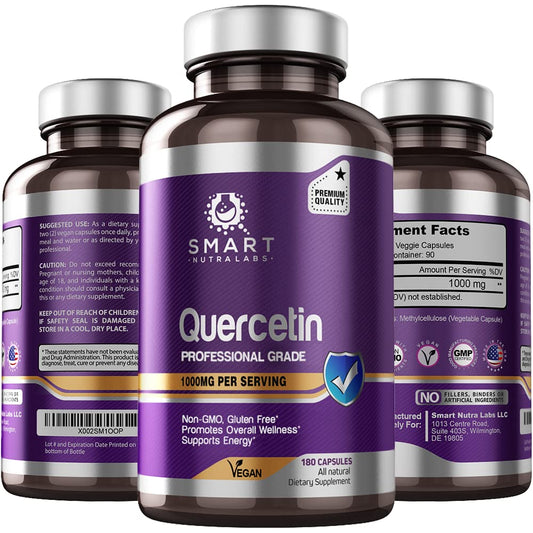 Smart Nutra Labs Quercetin 1000mg bottle front with 180 vegan capsules