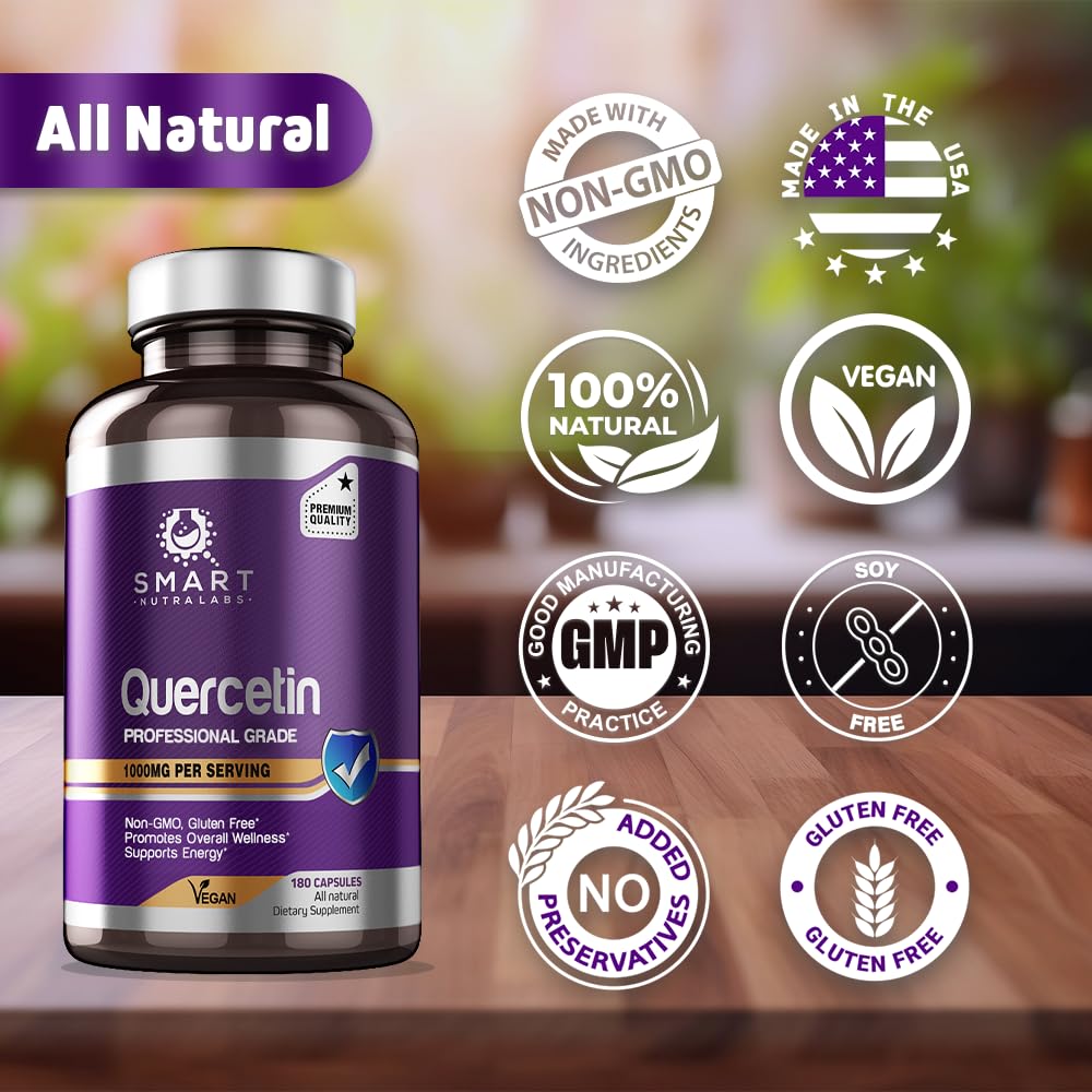 Close-up of quercetin capsules and suggested usage on label