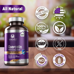 Close-up of quercetin capsules and suggested usage on label